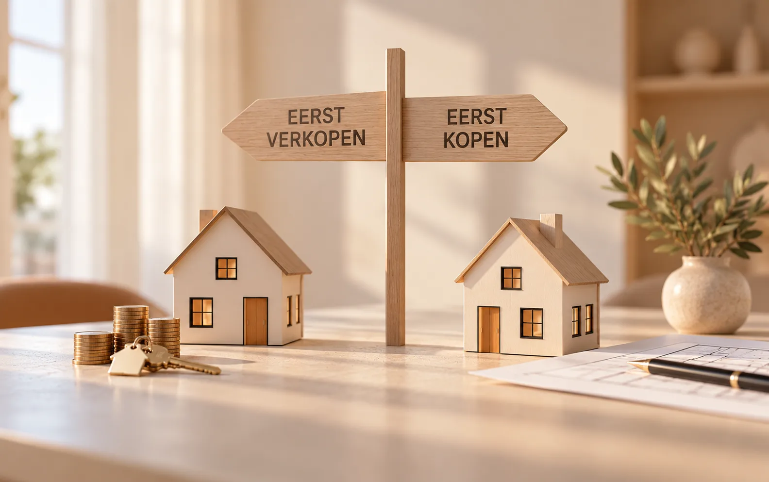 Wegwijzer eerst verkopen of eerst kopen tussen twee huisjes