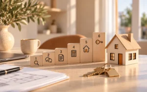 Genummerde blokjes met stappen naar een houten huisje