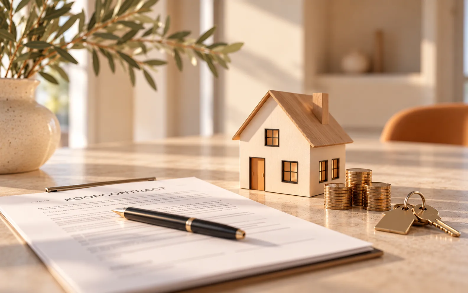 Koopcontract met pen en een houten huisje
