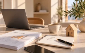 Jaarrekening, notitieboek en een houten huisje