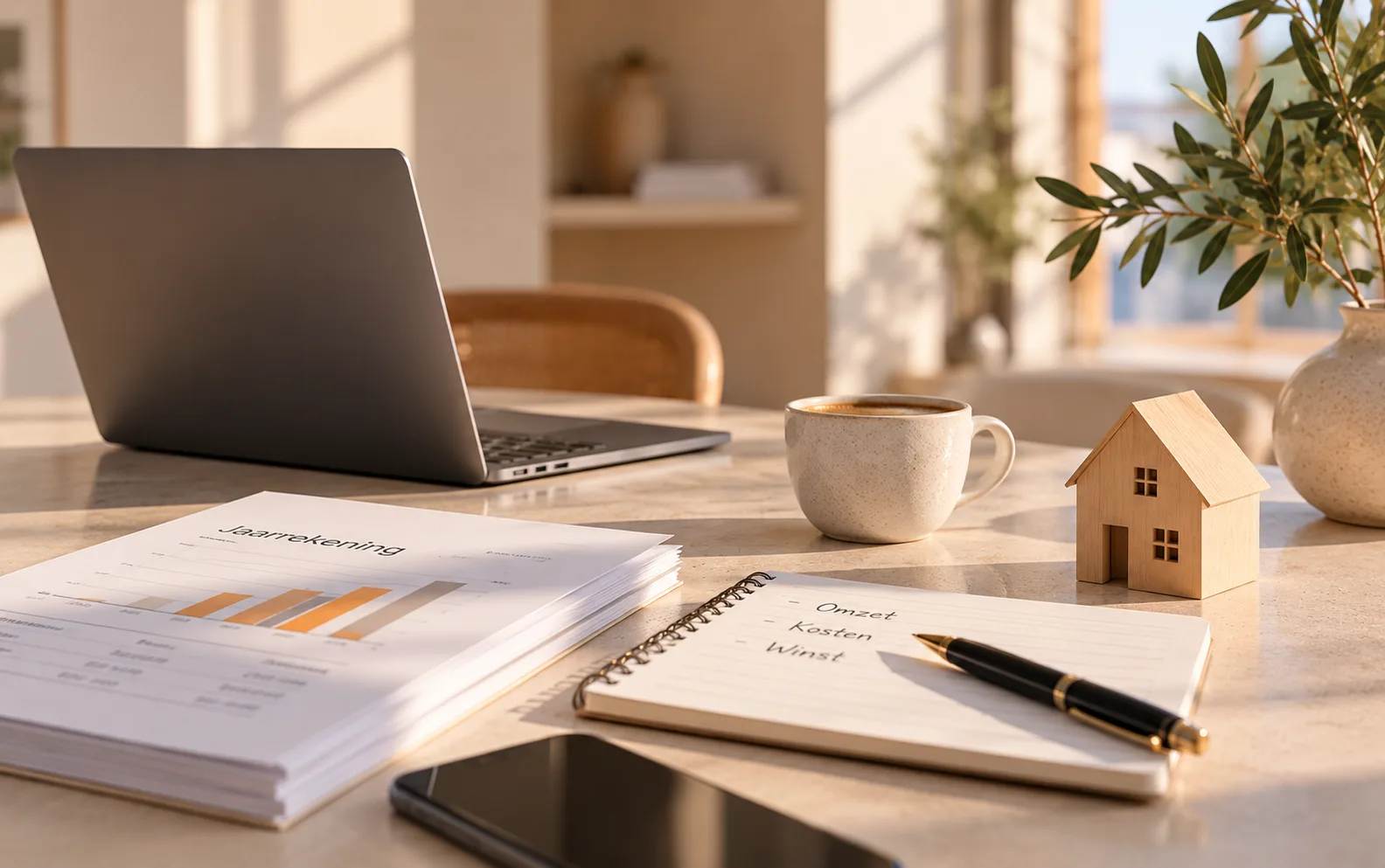 Jaarrekening, notitieboek en een houten huisje