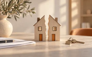 Houten huisje in twee helften met sleutels