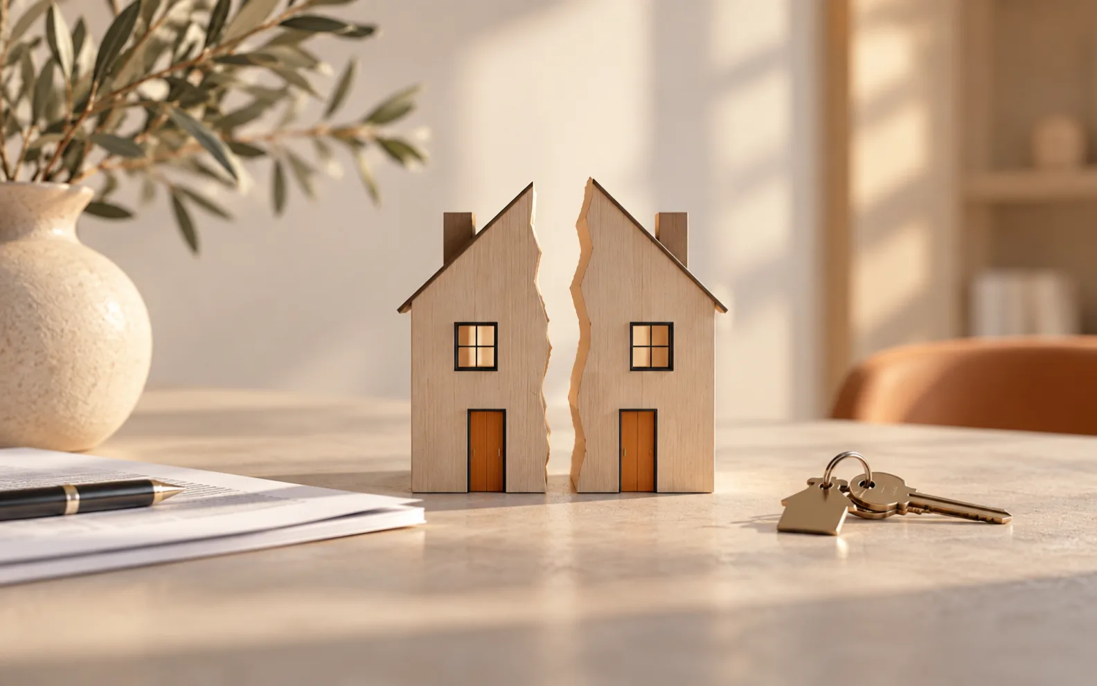 Houten huisje in twee helften met sleutels