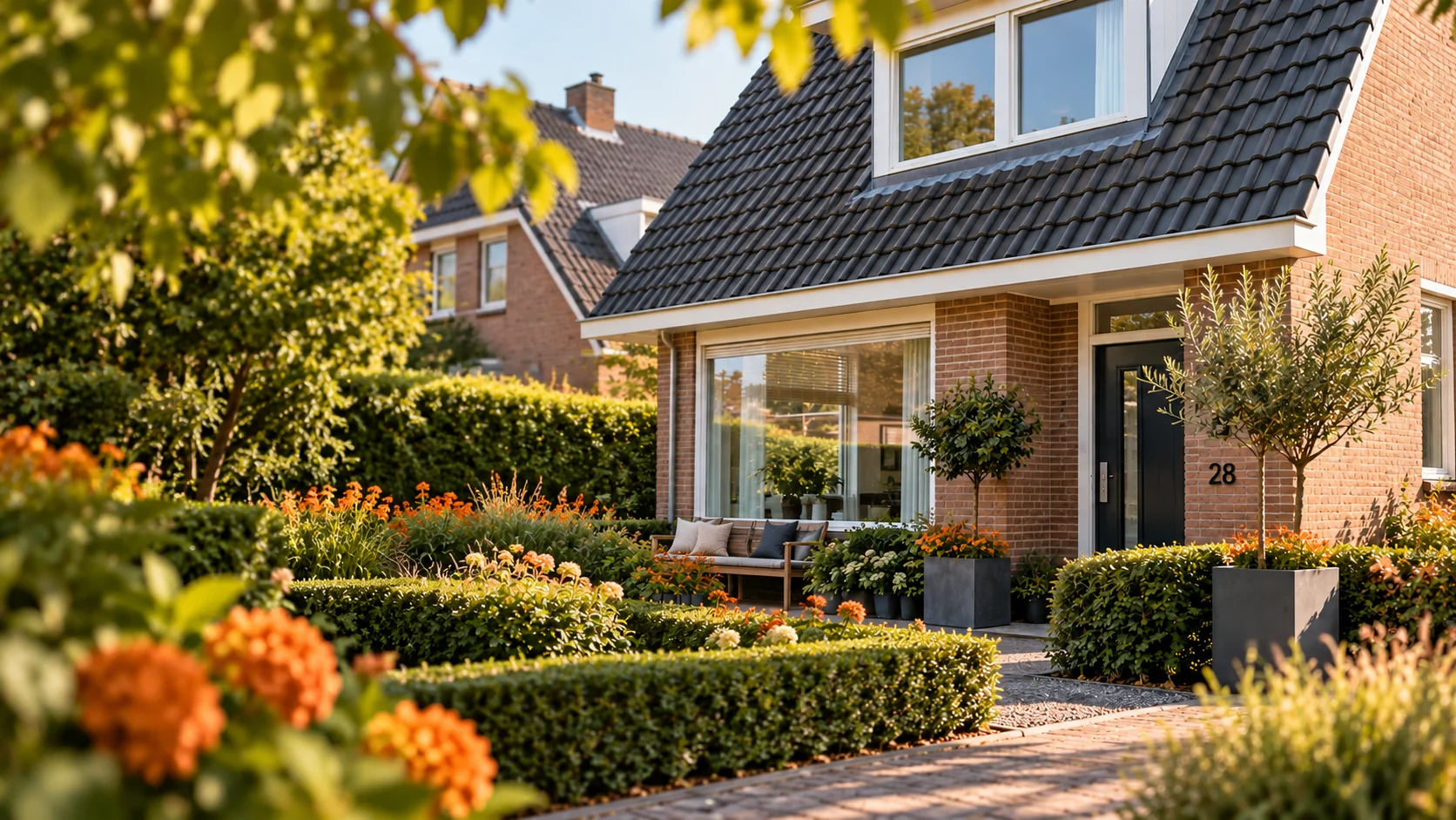 Woning met voortuin in de avondzon